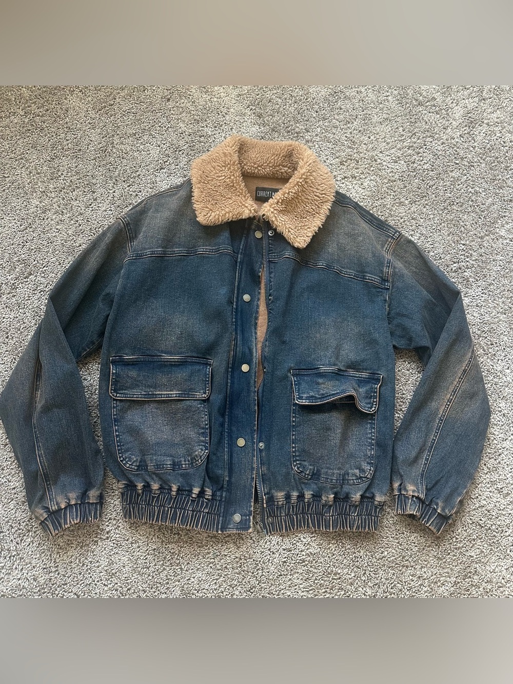 Dolls Kill Blue Denim Bomber Jacket with Tan Sherpa Collar